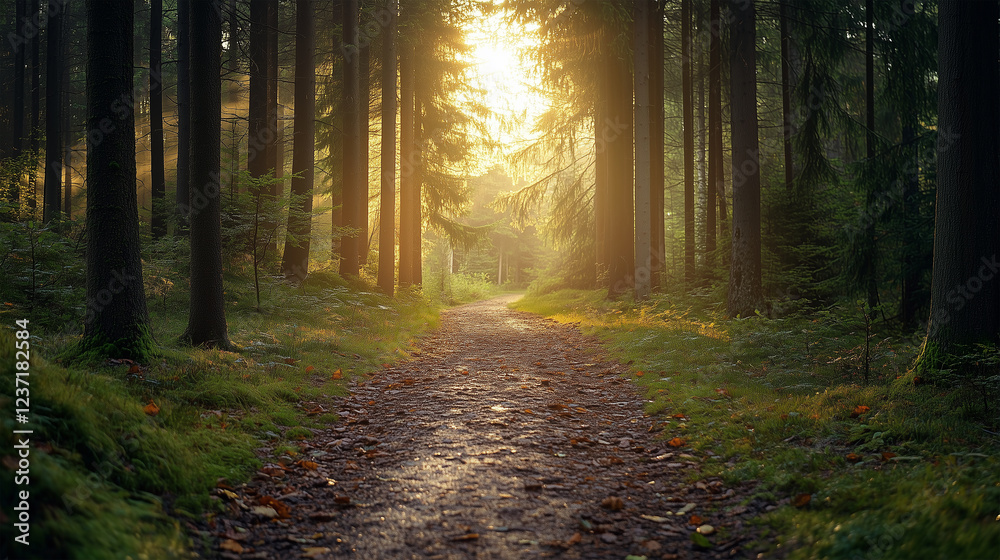 Fototapeta premium Golden Sunlight Illuminates Forest Path With Autumn Foliage Reflections. Foggy Morning Path Through Forest With Vibrant Autumn Leaves