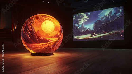 A glowing storytelling orb projecting vivid, animated chapters a legendary tale into a darkened, minimalist theater.
