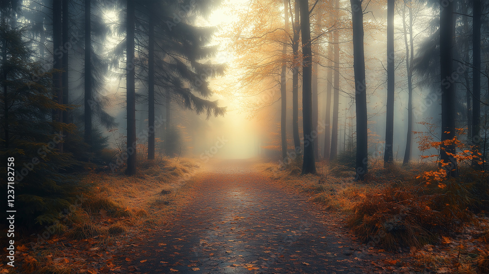 Naklejka premium Golden Sunlight Illuminates Forest Path With Autumn Foliage Reflections. Foggy Morning Path Through Forest With Vibrant Autumn Leaves