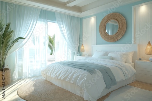 This serene bedroom features light colors, soft textures, and natural decor elements that evoke a peaceful seaside atmosphere photo