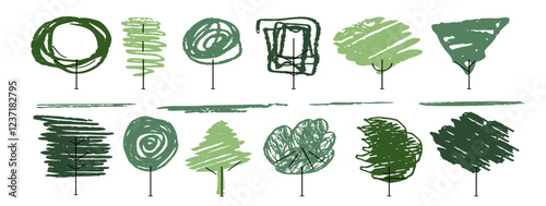 Tree and grass in forest a naive eco vector illustration, bush and shrubbery silhouette. Freehand design, crayon and chalk texture, abstract shape, scribble, flat line, organic childlike nature icon