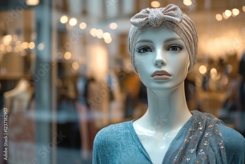 Mannequin displays an elegant dress and a head wrap in a chic boutique, showcasing fashionable trends for stylish shoppers photo