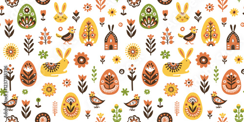 Scandinavian Easter Pattern with Bunnies, Eggs, Flowers, and Birds
