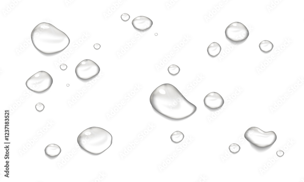 Vector water drop, drops, droplets. PNG drops, condensation on glass, on various surfaces. Realistic drops on a transparent background. Rain and dew.