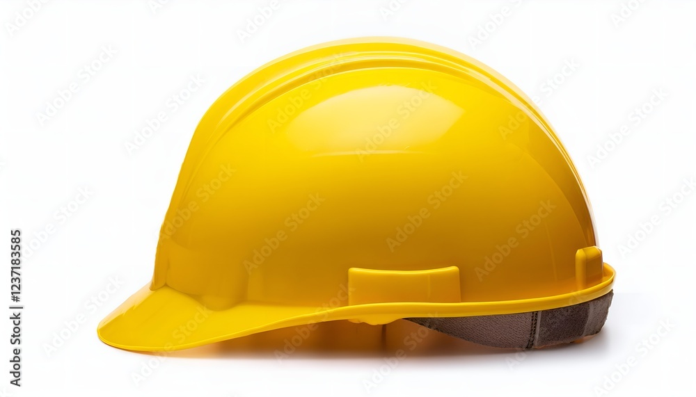 Fototapeta premium A yellow plastic hard hat isolated on a white background, featuring a smooth, durable surface with a sturdy brim, designed for safety and industrial protection.