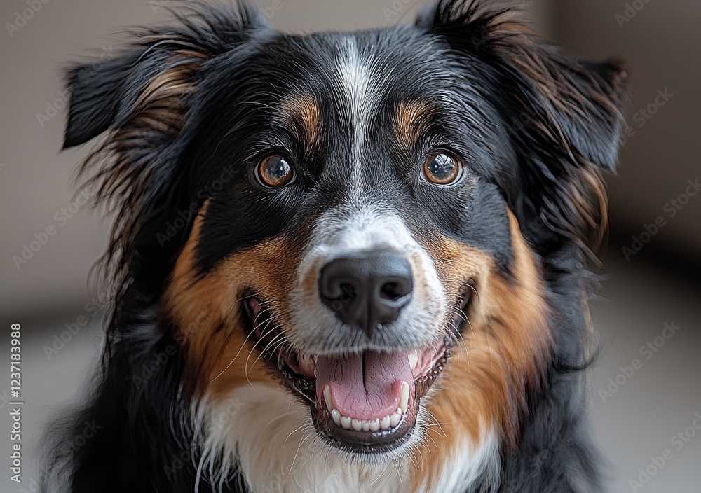 A close-up image of a black and white Border Collie, panting with a look towards the camera A close-up image of a black and white Border Collie, panting with a look towards the camera