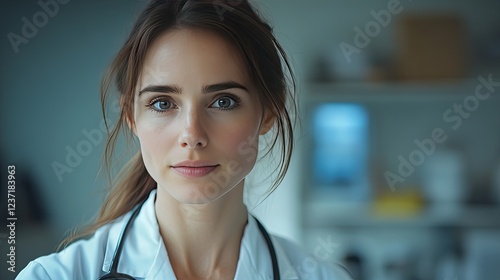 Headshot portrait of a woman doctor consulting with a patient via video call, speaking from her office while wearing a white coat and stethoscope