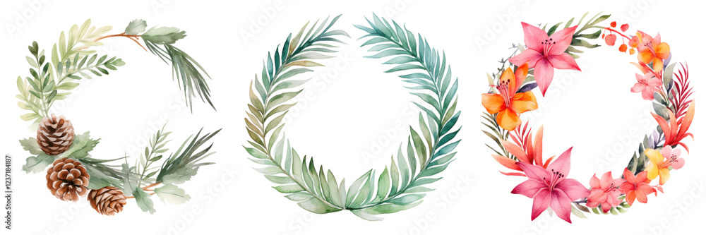 Three decorative wreaths: pinecones, greenery, and vibrant flowers isolated png Three decorative wreaths: pinecones, greenery, and vibrant flowers isolated png