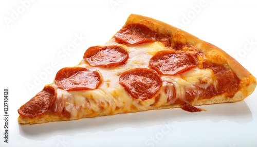 Close-up of a slice of pepperoni pizza isolated on a white background, featuring melted cheese, crispy crust, and savory pepperoni slices for a mouthwatering appeal photo