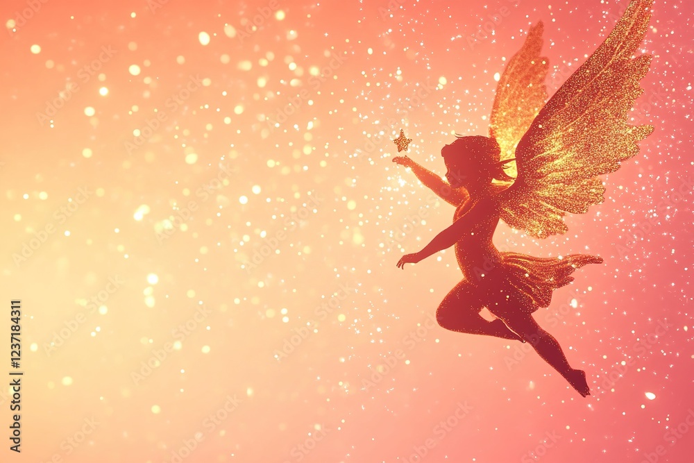 Naklejka premium angel with wings silhouette on pink background with golden bokeh sparkles, romantic valentines day postcard with copy space