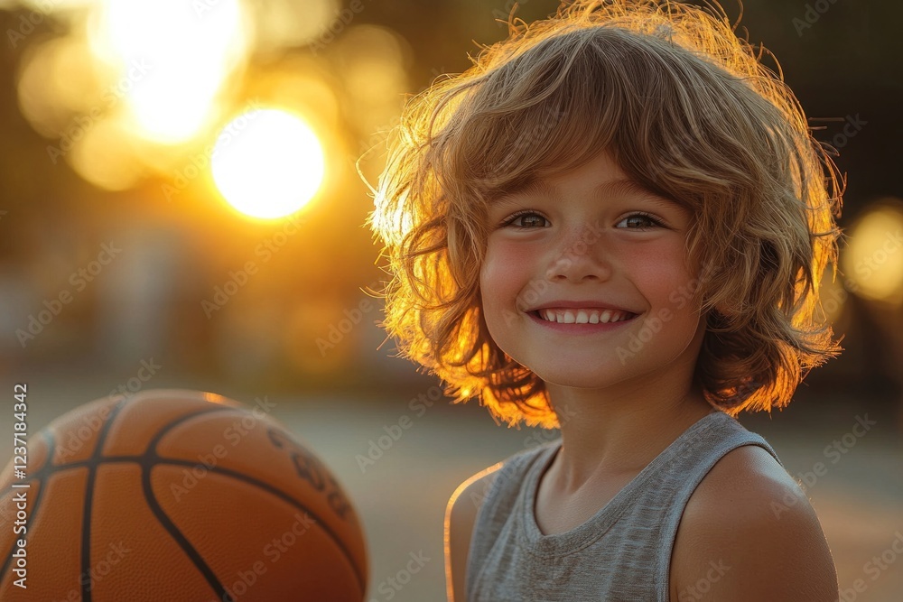 A joyful boy with curly hair enjoys playing basketball as the sun sets in the background, radiating warmth and happiness A joyful boy with curly hair enjoys playing basketball as the sun sets in the background, radiating warmth and happiness