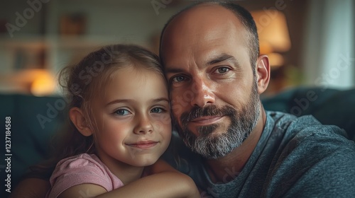 Loving young husband and father sitting with his school-age daughter, supporting and cuddling together, smiling, and fighting against cancer