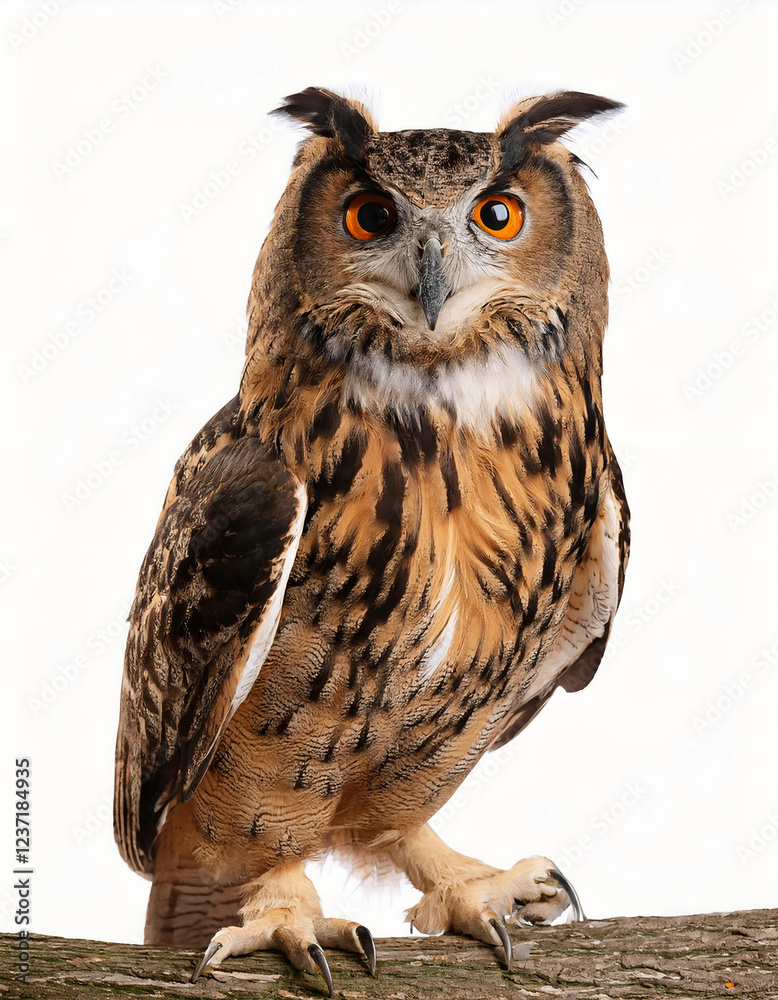 Fototapeta premium A majestic owl standing with its sharp talons, intricate feather patterns, and piercing eyes, isolated on a white background, symbolizing wisdom, nocturnal nature, and wildlife.