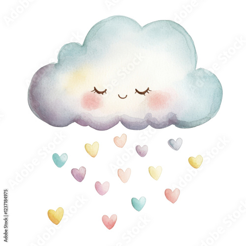 Cute watercolor cloud with smiling face and colorful heart raindrops on transparent background isolated png