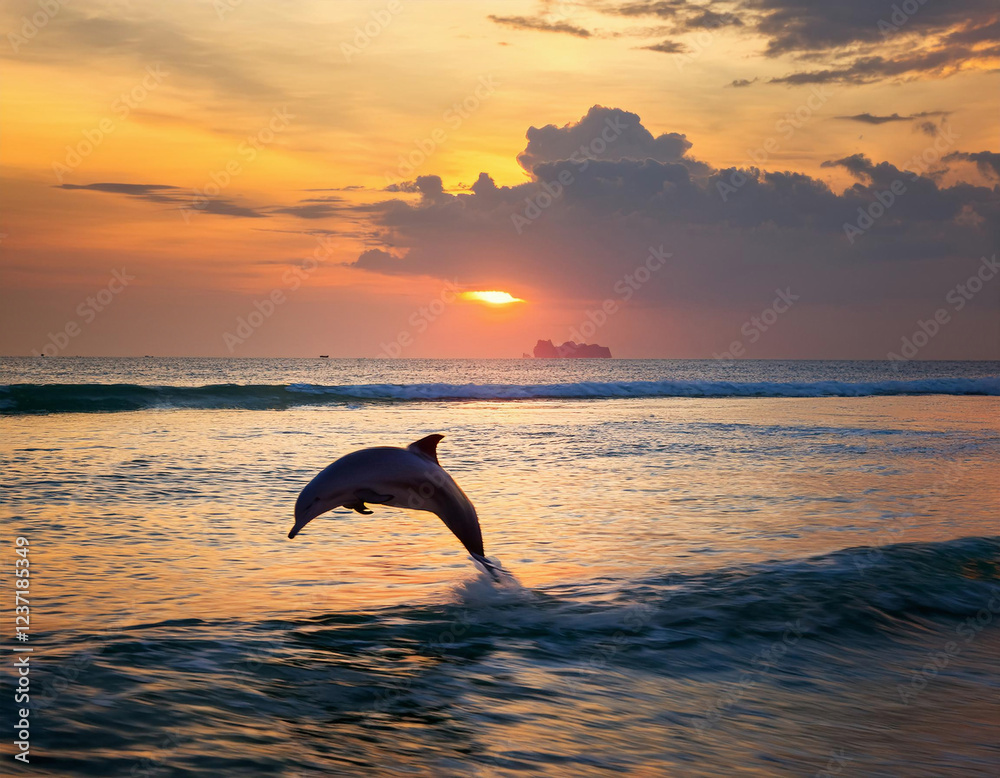 Fototapeta premium A graceful dolphin leaps through the air against a dramatic orange sunset sky over the ocean waves.