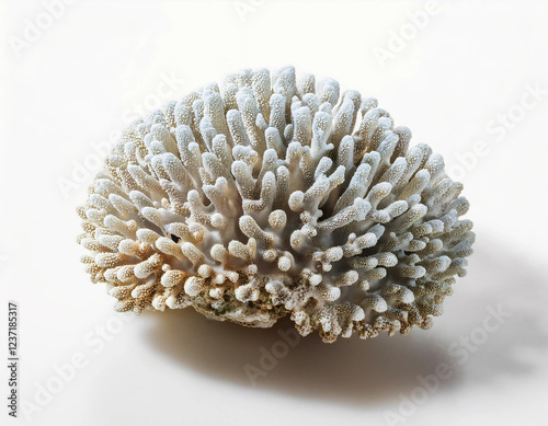 A detailed piece of coral with a porous texture and intricate branching patterns, isolated on a white background, symbolizing marine life and underwater ecosystems photo