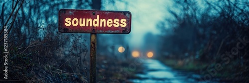 Close-Up of a Rustic Weathered Sign with the Word Soundness on a Foggy Path Through a Dense Forest, Capturing an Ethereal and Mysterious Natural Ambiance