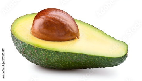 A half avocado with creamy green flesh and a rich brown seed, isolated on a white background, highlighting its smooth texture and fresh appearance photo