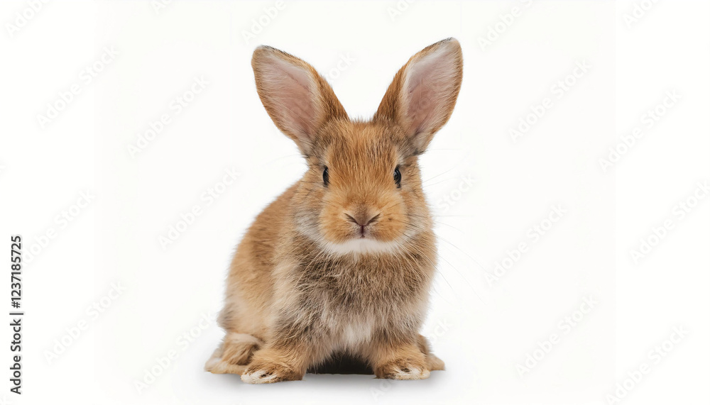 Fototapeta premium A small fluffy rabbit with soft fur, perky ears, and gentle eyes, isolated on a white background, symbolizing innocence and cuteness