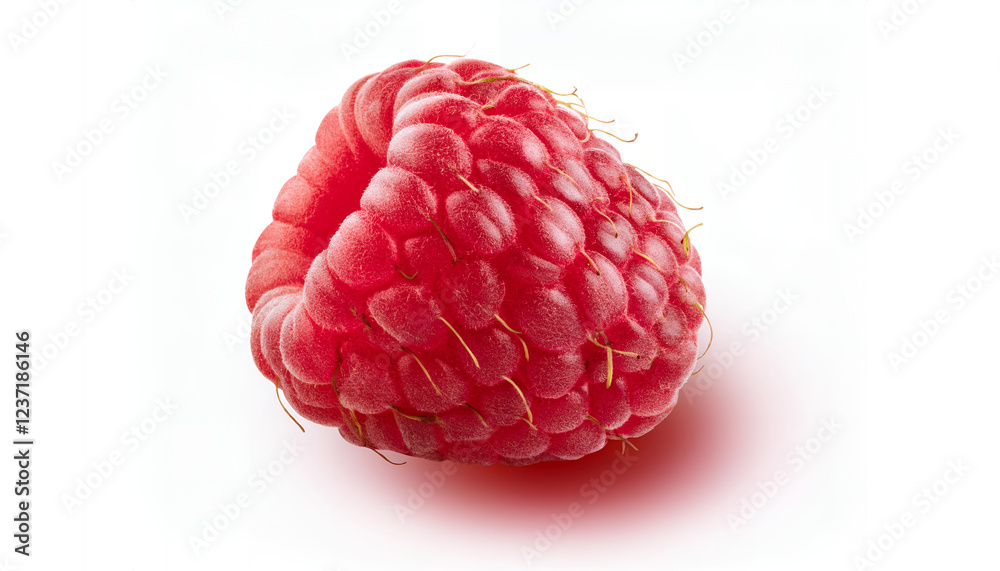 A single ripe raspberry with vibrant red color and delicate drupelets, isolated on a white background, showcasing its juicy and fresh appearance A single ripe raspberry with vibrant red color and delicate drupelets, isolated on a white background, showcasing its juicy and fresh appearance