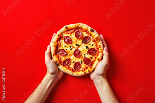 Hands holding a delicious pepperoni pizza against a vibrant red background, symbolizing indulgence and culinary delight.