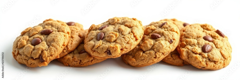 Freshly baked chocolate chip cookies arranged on a white background with a golden-brown color appearing crunchy and inviting Freshly baked chocolate chip cookies arranged on a white background with a golden-brown color appearing crunchy and inviting