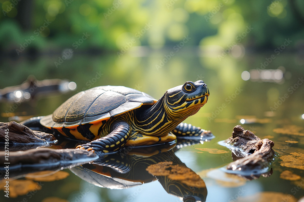 Fototapeta premium Snapping turtle resting on submerged logs in tranquil lake, capturing the delicate beauty of underwater life.