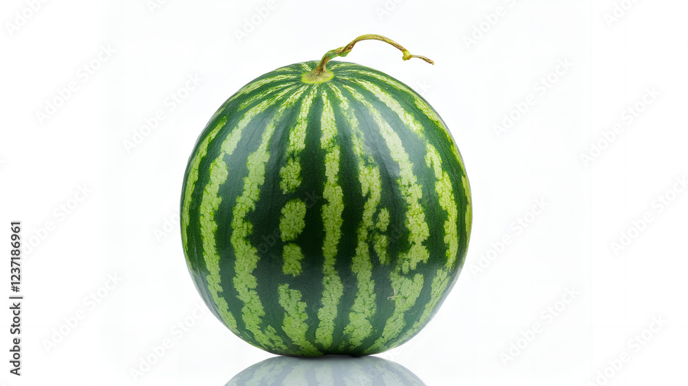 A whole fresh watermelon with a deep green rind and subtle striping, isolated on a white background, showcasing its juicy, sweet, and refreshing nature A whole fresh watermelon with a deep green rind and subtle striping, isolated on a white background, showcasing its juicy, sweet, and refreshing nature
