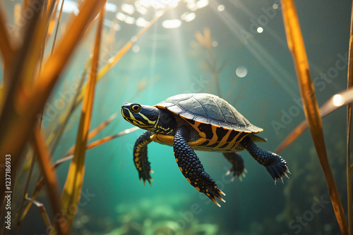 A painted turtle gliding gracefully through swaying reeds in a crystal-clear pond, showcasing delicate beauty of underwater life.