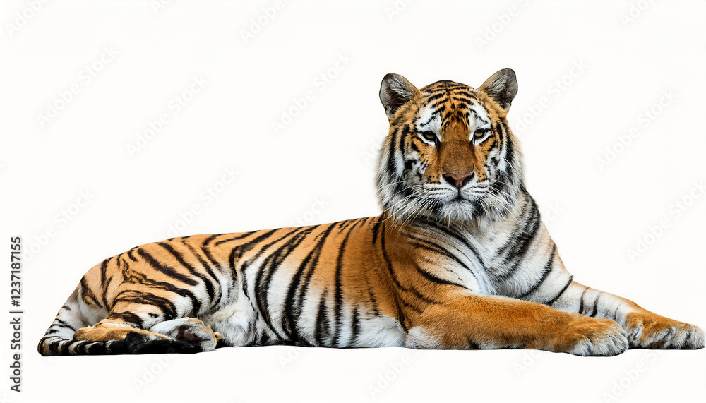 Obraz premium A majestic tiger resting with its powerful body relaxed, isolated on a white background, showcasing its bold orange fur, black stripes, and piercing eyes