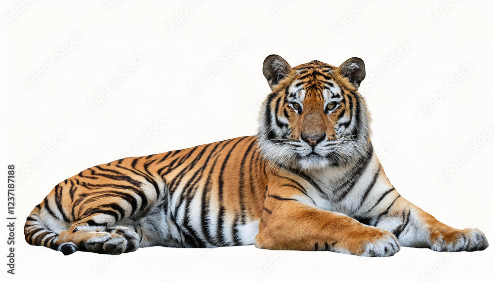 Obraz premium A majestic tiger resting with its powerful body relaxed, isolated on a white background, showcasing its bold orange fur, black stripes, and piercing eyes