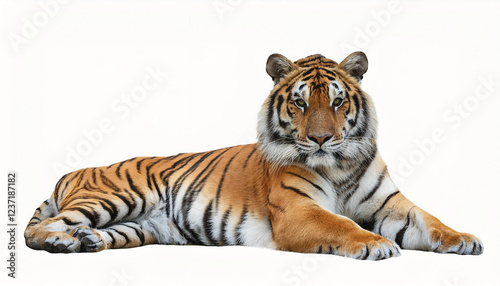 A majestic tiger resting with its powerful body relaxed, isolated on a white background, showcasing its bold orange fur, black stripes, and piercing eyes photo