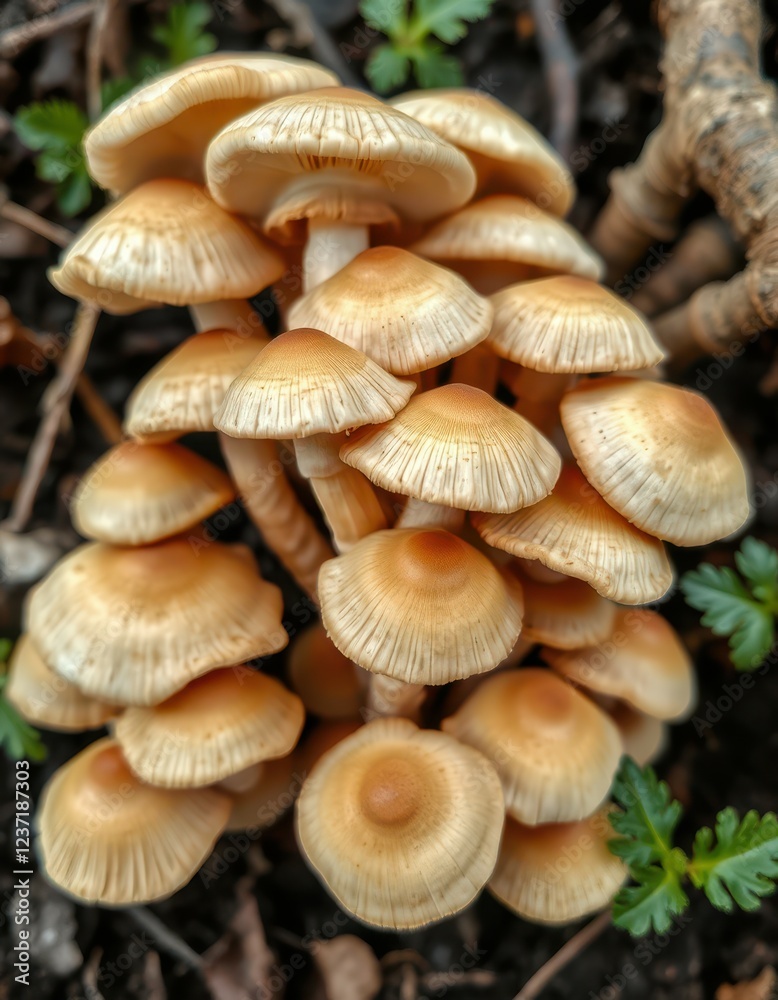 Cluster of delicate mushrooms growing on forest floor beneath leaf cover during a sunny day Cluster of delicate mushrooms growing on forest floor beneath leaf cover during a sunny day