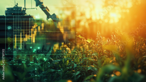 Close-Up of Biofuel Production Machinery Extracting Oil from Crops, Accompanied by Digital Energy Market Graphs Illustrating the Increasing Role of Biofuels in the Renewable Energy Sector