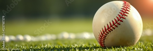 Baseball resting on lush green grass during a sunny afternoon at a local sports field photo