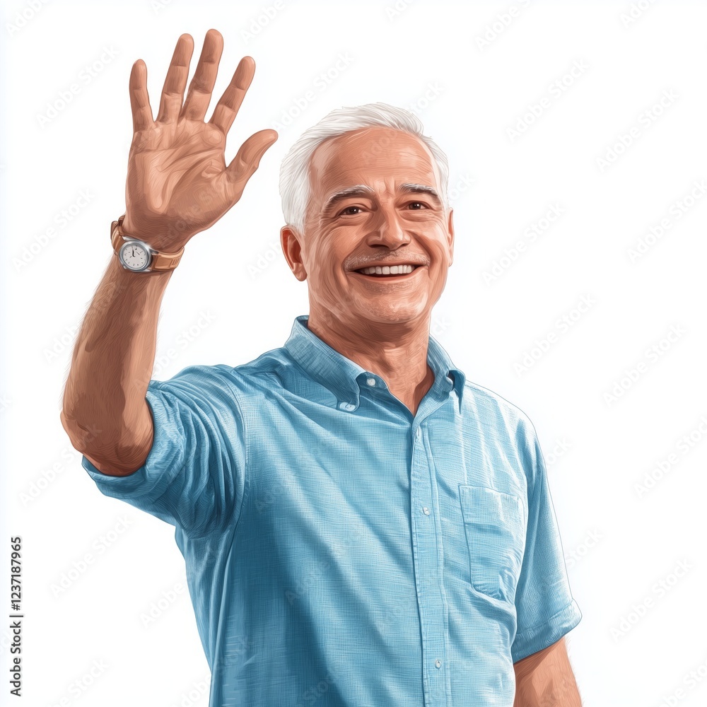 Smiling older man in blue shirt waving happily with raised hand against white background Smiling older man in blue shirt waving happily with raised hand against white background