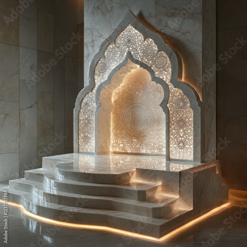 A Ramadan podium with fine stone carvings, illuminated softly to evoke an aura of peace and spirituality photo