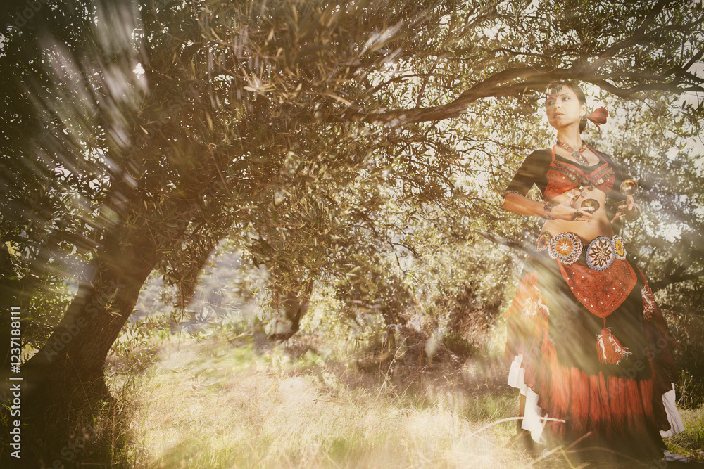 Fototapeta premium Women bellydance in nature retro dress