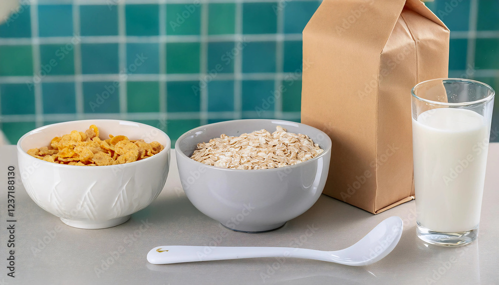 A warm and inviting baby breakfast setup featuring a bowl of cereal and oatmeal, a spoon, a box of cereal, and a glass of fresh milk, placed on a cozy kitchen counter with soft morning light A warm and inviting baby breakfast setup featuring a bowl of cereal and oatmeal, a spoon, a box of cereal, and a glass of fresh milk, placed on a cozy kitchen counter with soft morning light