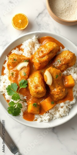 Flavorful chicken curry served over fluffy rice garnished with fresh herbs and citrus photo