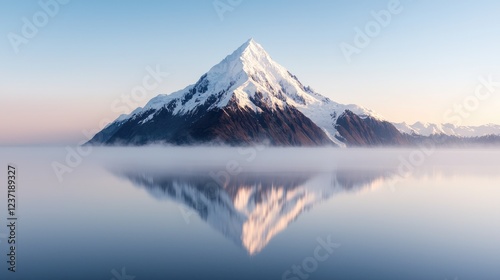 Majestic snow-capped peak reflecting in calm lake at dawn