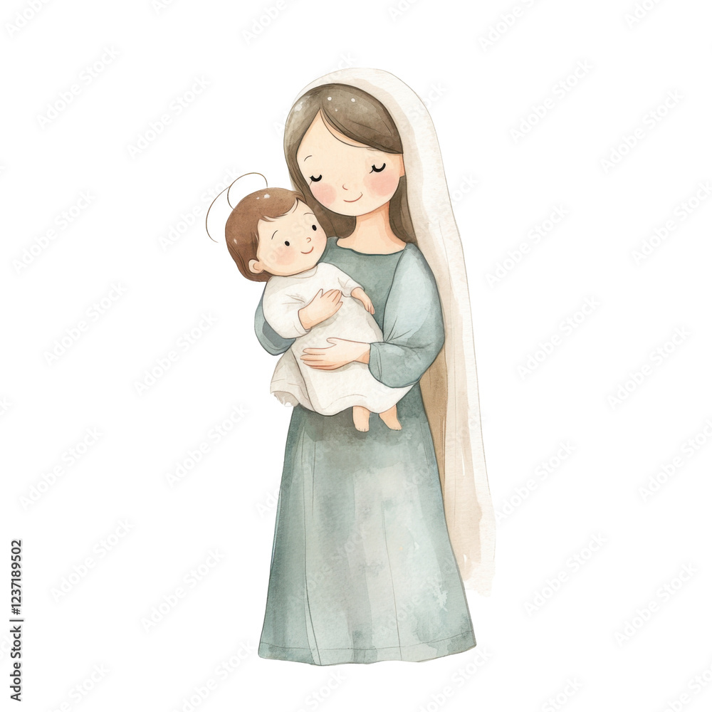 Watercolor illustration of caucasian female with child in traditional clothing isolated png