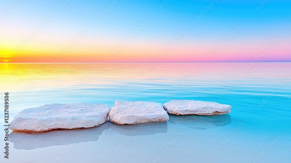 Obraz premium Tranquil sunrise over calm sea, three rocks in shallow water, peaceful background