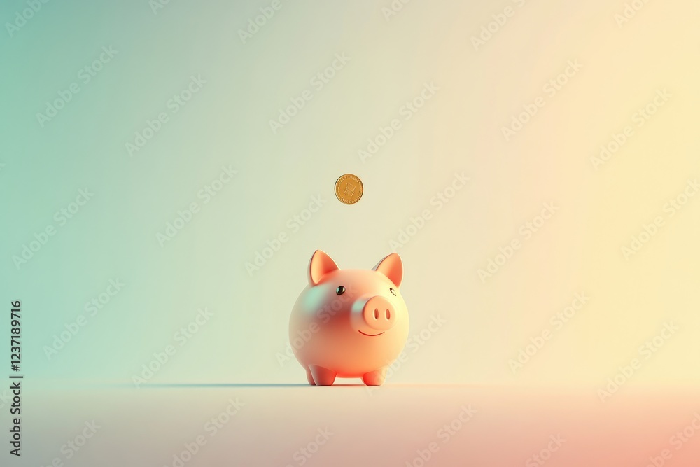 Piggy bank pig on a uniform background, a coin is inserted from above Piggy bank pig on a uniform background, a coin is inserted from above