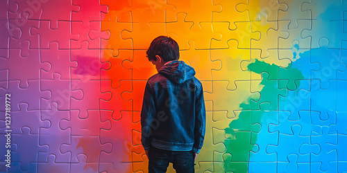 A child in rainbow colored imaginary world. Child mental health concept. ASD, autism spectrum disorder awareness concept. Asperger's syndrome, early intervention.