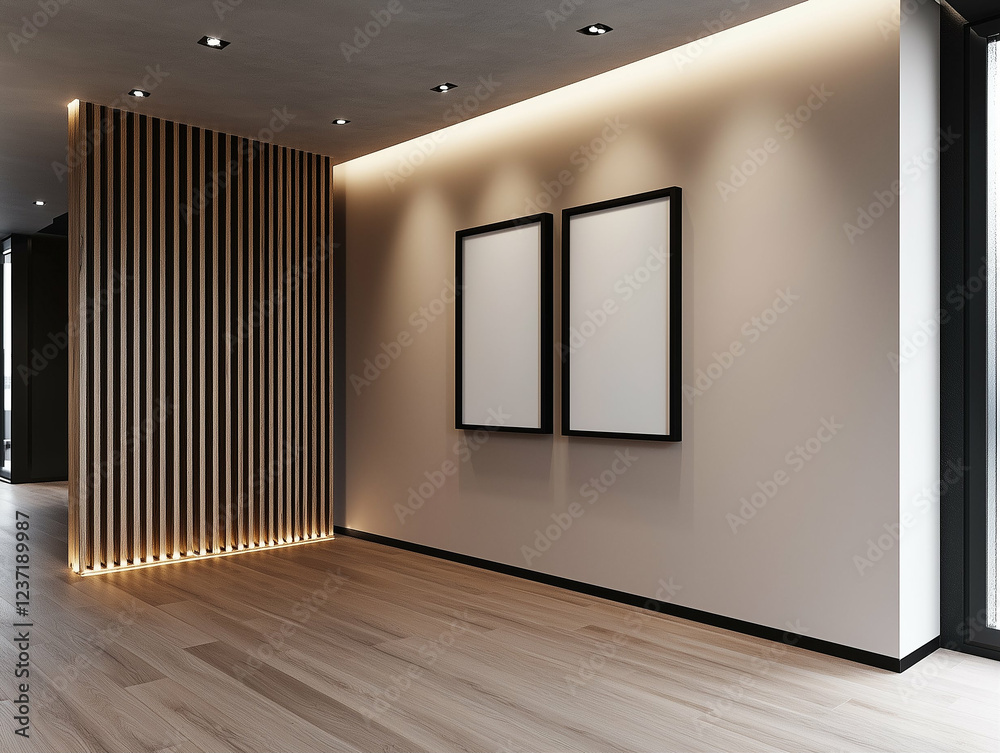 Interior wall with two empty frames in modern interior. Empty room with wooden floor and wall with wooden slats Interior wall with two empty frames in modern interior. Empty room with wooden floor and wall with wooden slats