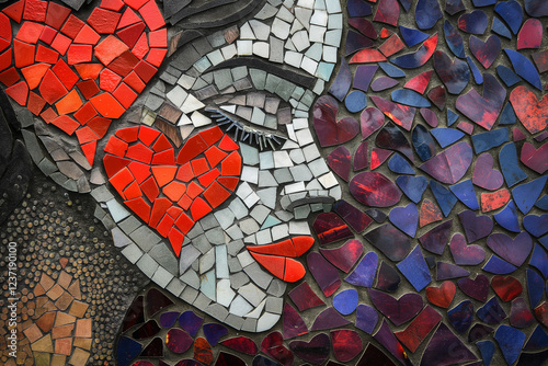 Colorful Mosaic Artwork of a Woman's Face with Hearts: An Expression of Love