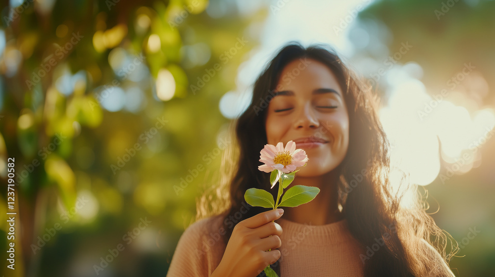 Woman with dark hair holding a flower, smiling softly against a lush green background, embodying happiness and serenity. The scene exudes a romantic, dreamy mood, perfect for celeb Woman with dark hair holding a flower, smiling softly against a lush green background, embodying happiness and serenity. The scene exudes a romantic, dreamy mood, perfect for celeb