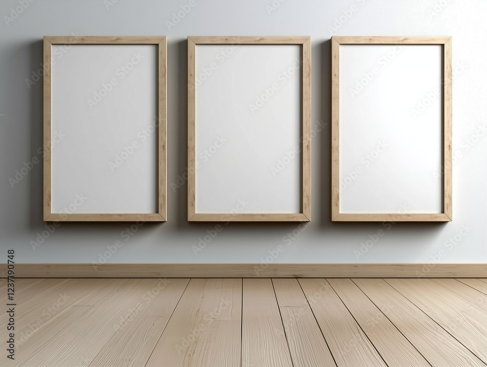 Three picture frames on a wall. Empty frames are hanging on the wall Three picture frames on a wall. Empty frames are hanging on the wall