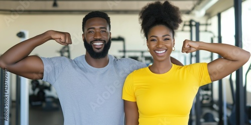A man and a woman are posing for a picture in a gym. They are both smiling and flexing their muscles. The man is wearing a gray shirt and the woman is wearing a yellow shirt